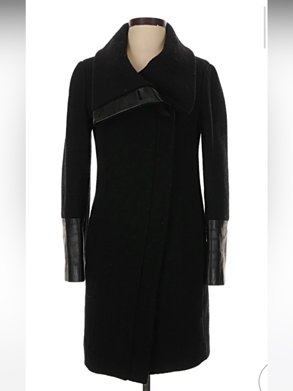 Club Monaco Black Wool Trench Coat with Leather Cuff Accents